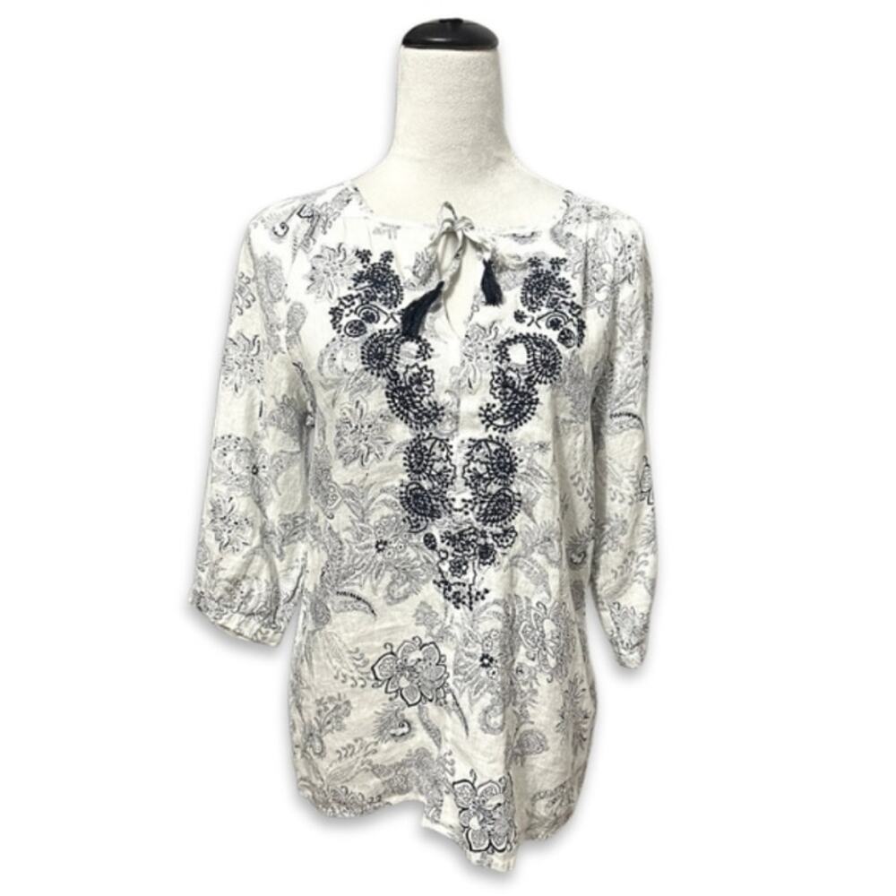 Malvin Linen Blouse Floral Paisley Pattern 3/4 Sleeves Tie-Neck Off White/Blue S